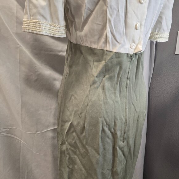 Vintage M.H.M Melissa Harper Dress Size Medium Green & Ivory Rayon & Poly - Picture 15 of 16